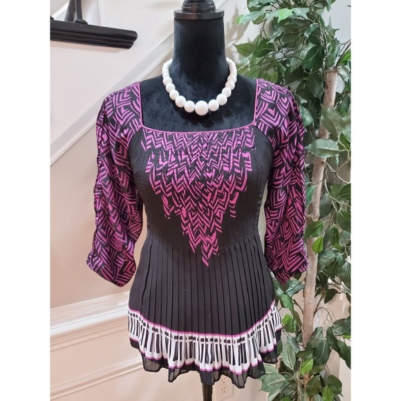 Nicole Miller Women's Black & Pink Pleated Square Neck 3/4 Sleeve Top Blouse 6 - Picture 12 of 15
